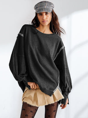 Women's Autumn/Winter Solid Color Frayed Edge Long Sleeve Side-Slit Sweatshirt