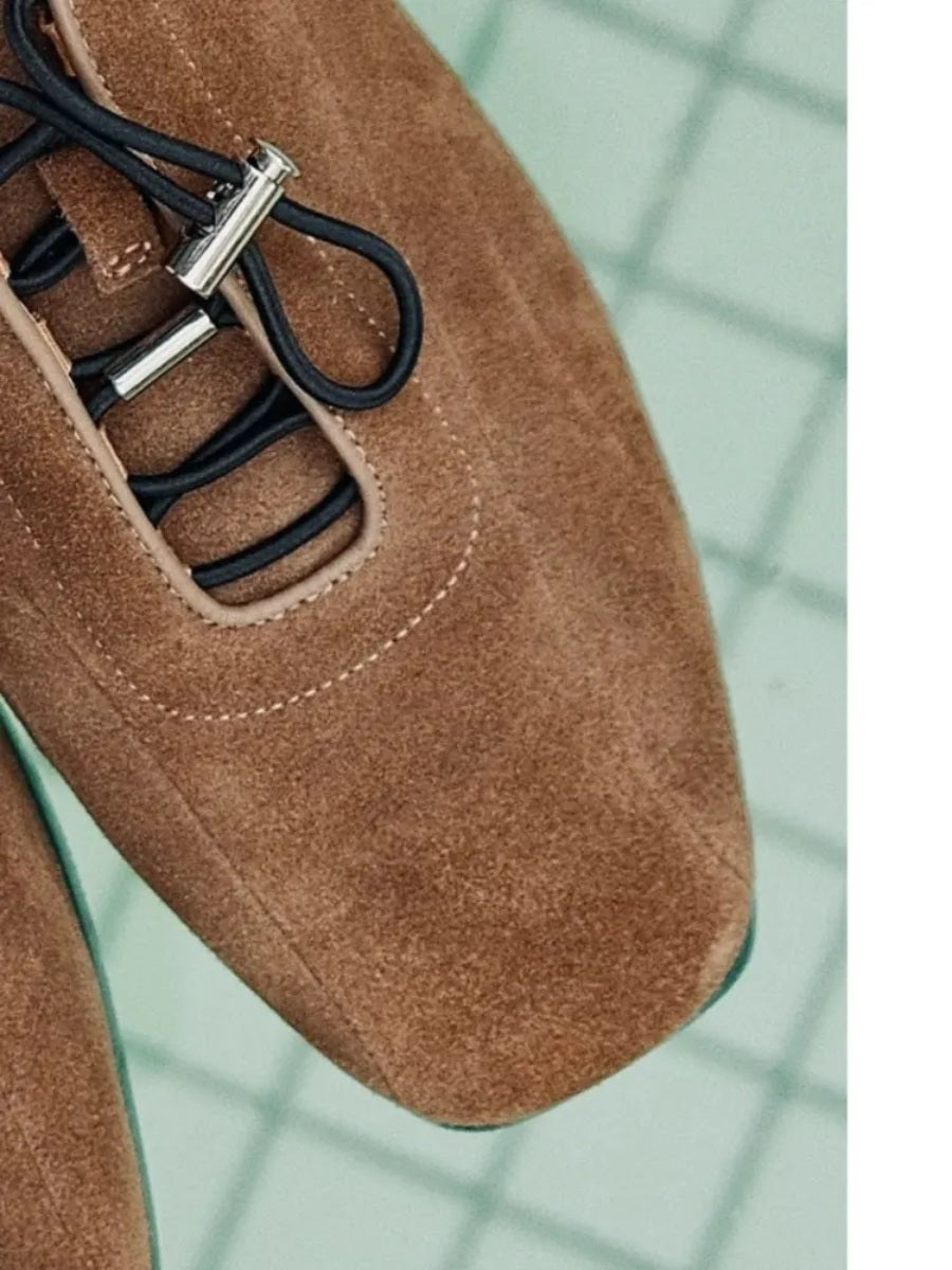 AKAIFU Suede Thin-soled Versatile Casual Vintage Square-toe Leather Shoes Drawstring Slip-on Shoes