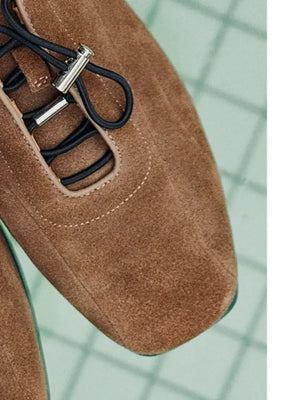 AKAIFU Suede Thin-soled Versatile Casual Vintage Square-toe Leather Shoes Drawstring Slip-on Shoes