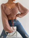 V-neck Spliced Chiffon Drawstring Lantern Sleeves Sweet T-shirts