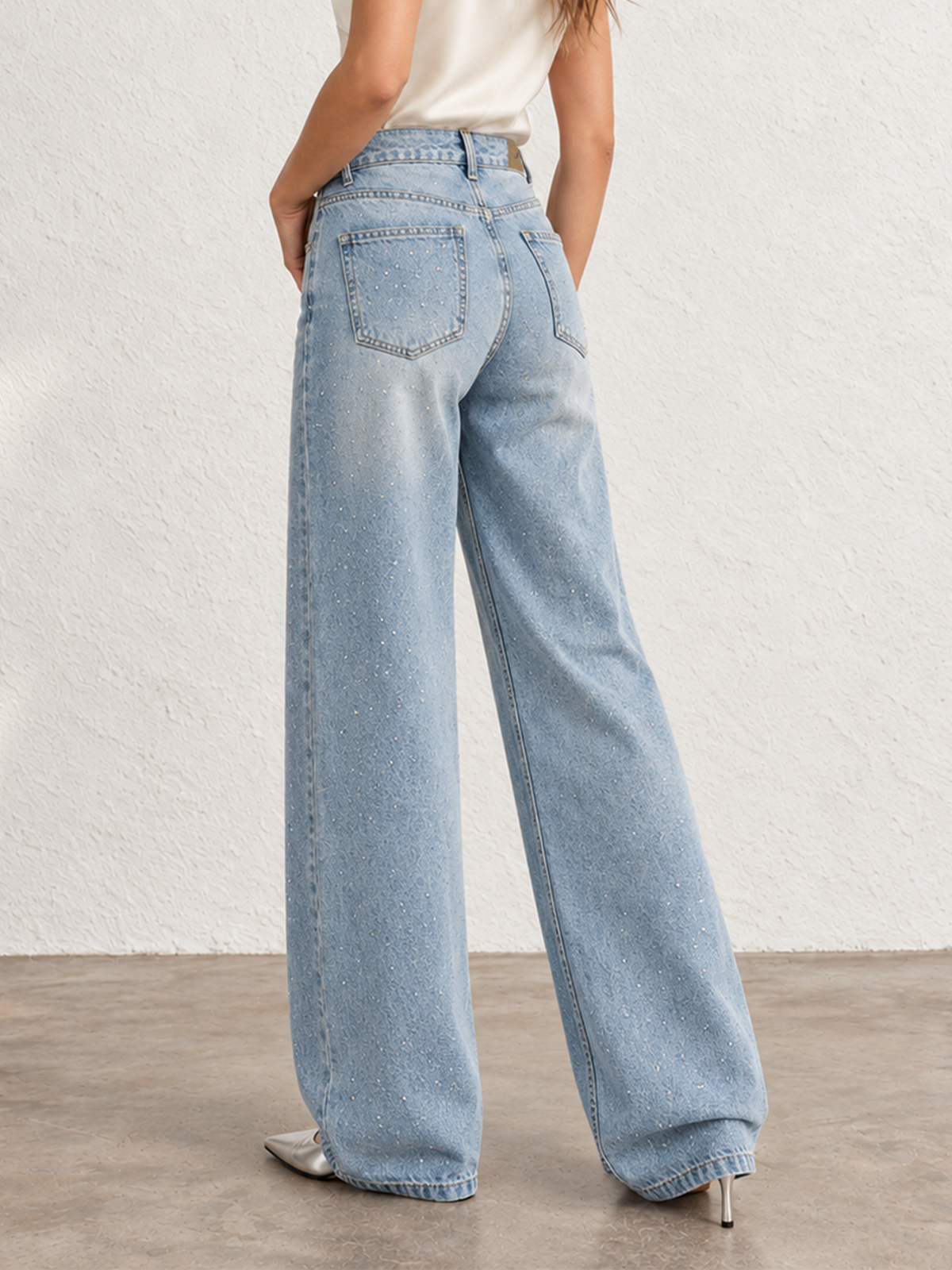 Autumn/Winter Women's Blue Retro Washed Jeans With Rhinestones