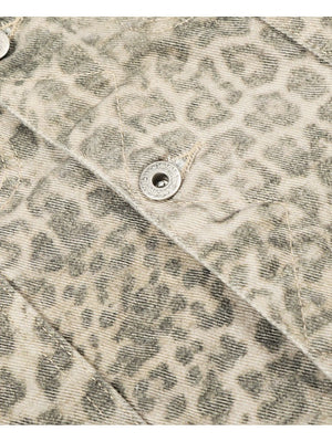 Retro Leopard Short And Wide Silhouette Lapel Denim Jacket