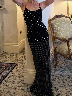 Polka Dots Spaghetti Strap Backless Bodycon Slimming Maxi Dresses