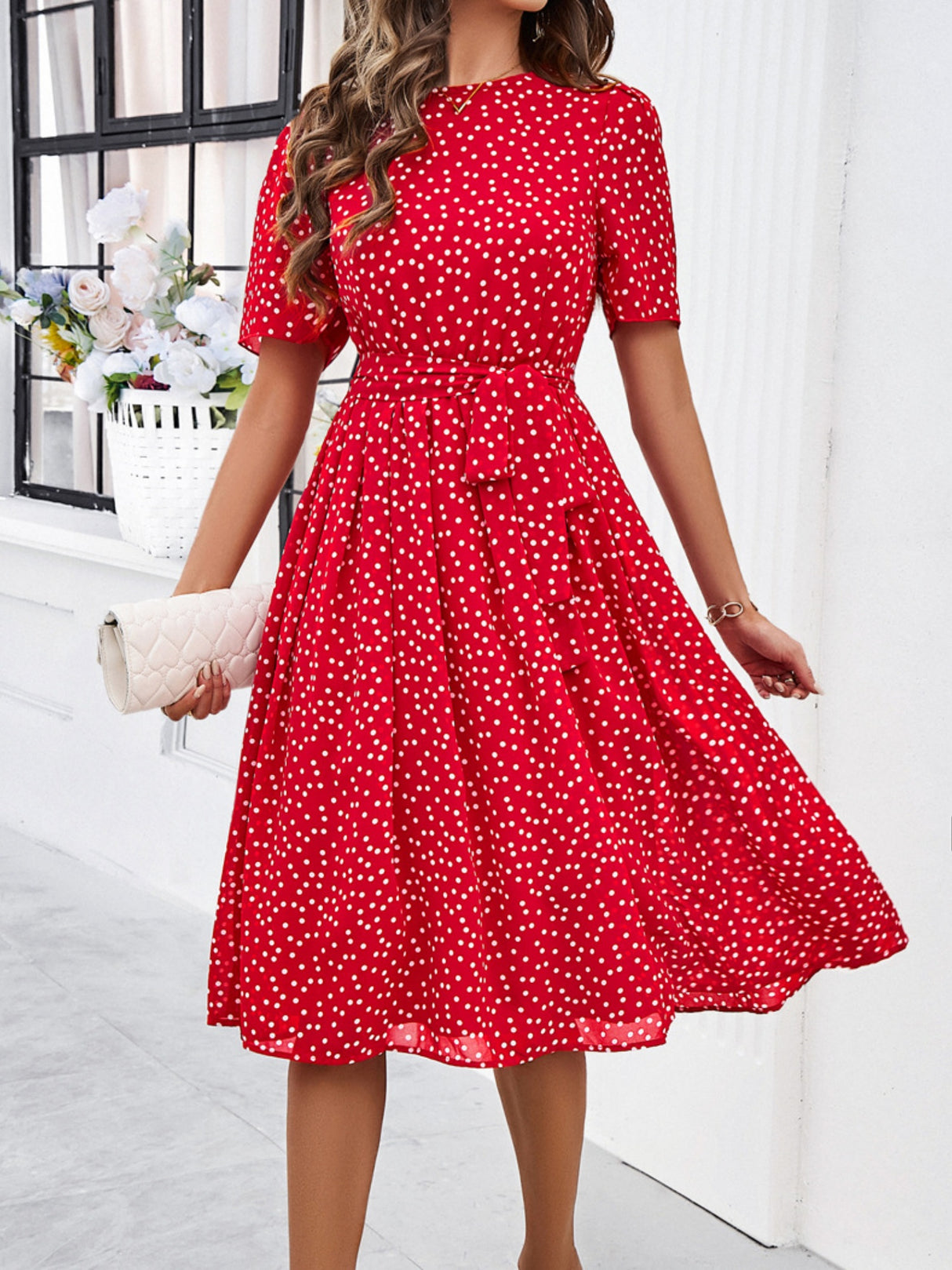 Polka Dots Crew Neck Waist Tie Short Sleeves Maxi Dresses