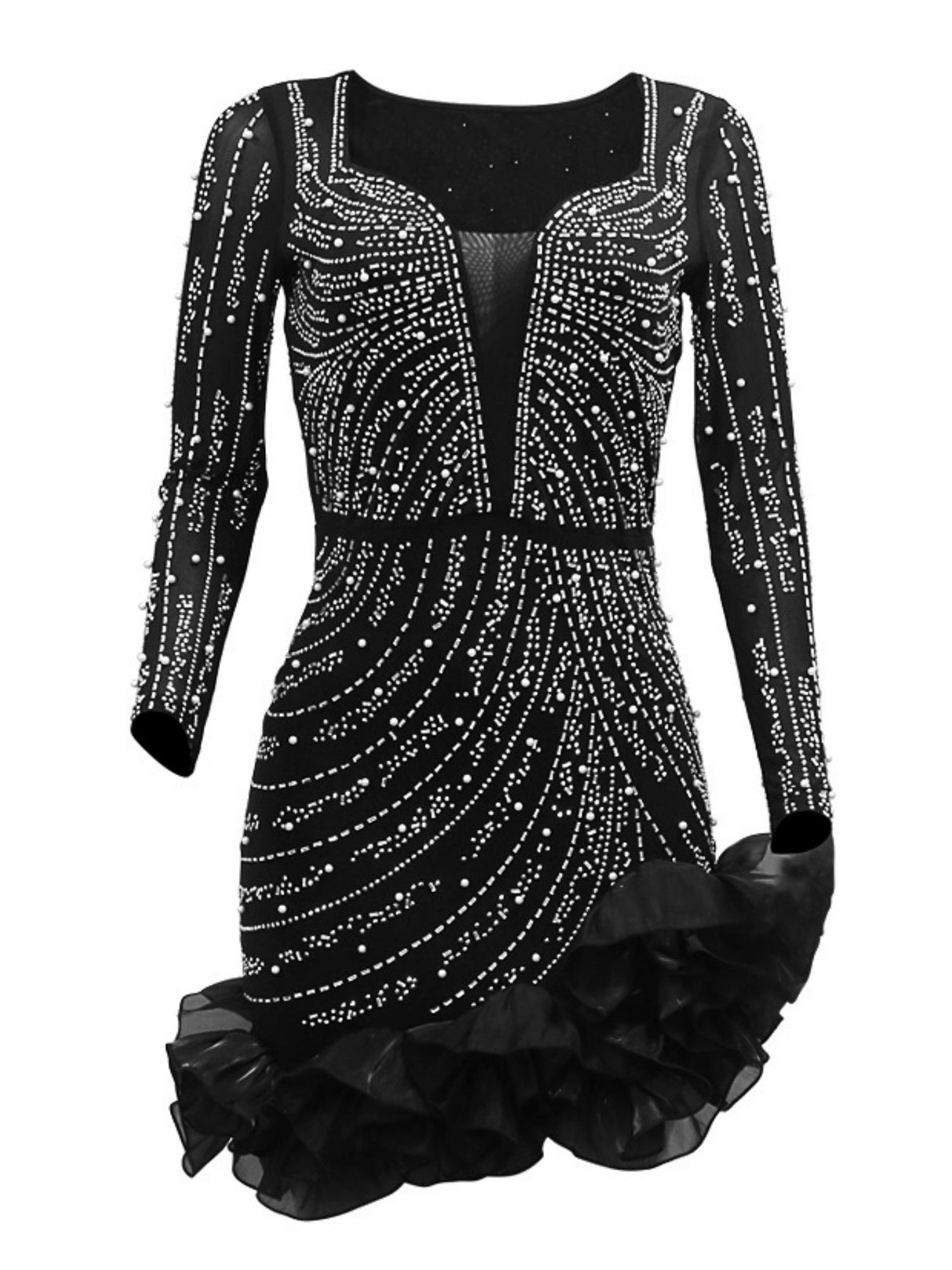 Robe de soirée transparente à manches longues et col carré, ornée de strass thermocollants et de perles 3D, disponible en version mini et courte.