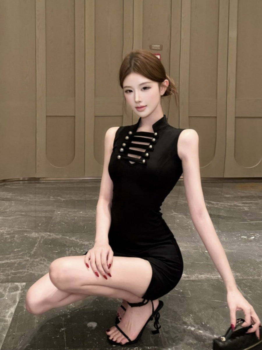 Stand-up Collar, Hollow-out, Slim-fit, Waist-cinching, Slit, Bodycon Short Dress