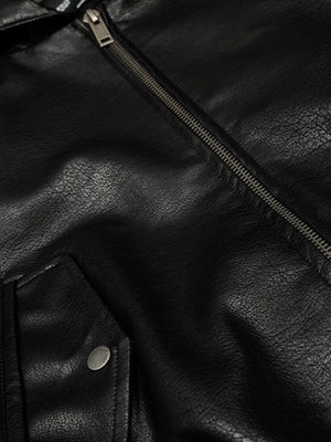 Hooded Short And Wide Black Relief Pattern Locomotive PU Jackets