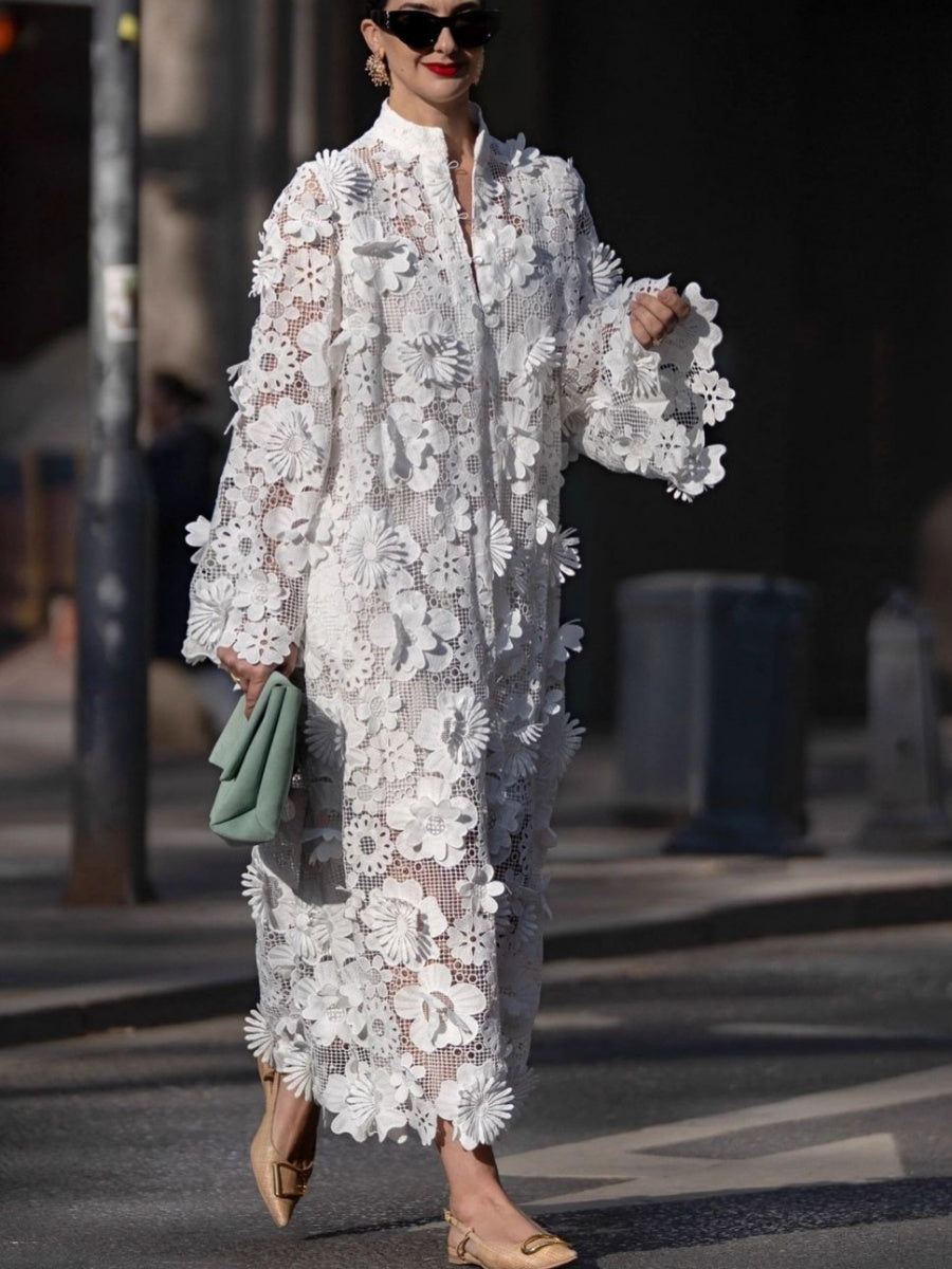 Hollow 3D Flowers Long Sleeve Vacation Maxi Dresses
