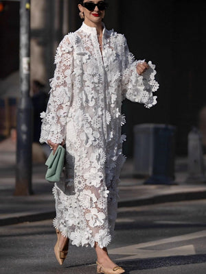 Hollow 3D Flowers Long Sleeve Vacation Maxi Dresses