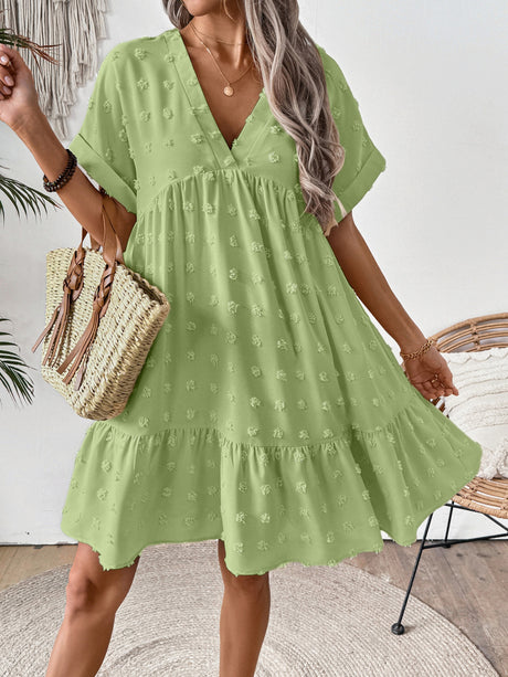 Ruffled Hem V-neck With Rolled-up Sleeves Mini&Short Dresses