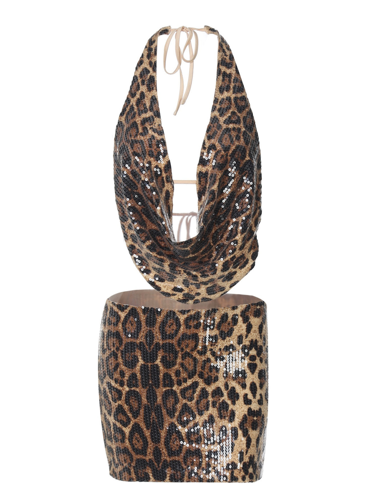 Leopard Print Sequins Halter Neck Low-cut Bodycon Mini Skirt 2-piece Sets
