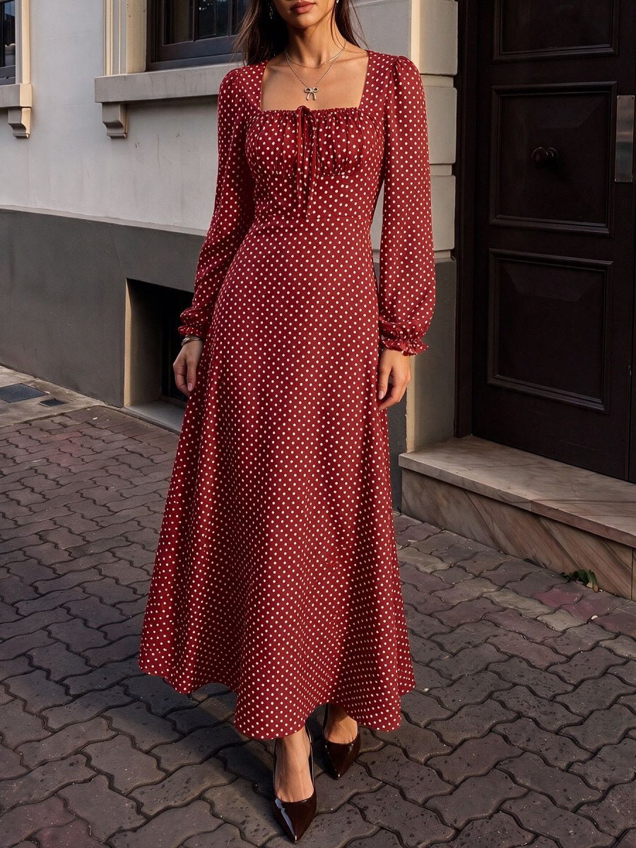 Lace-up Zipper, Polka Dots Polka Dots Maxi Dresses