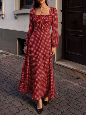 Lace-up Zipper, Polka Dots Polka Dots Maxi Dresses