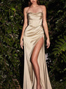 Satin High-waisted, Slit, And Pleated Fishbone Maxi Dresses