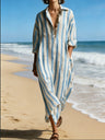 V-neck, Loose Fit, Three-quarter Sleeves Striped Long Dress