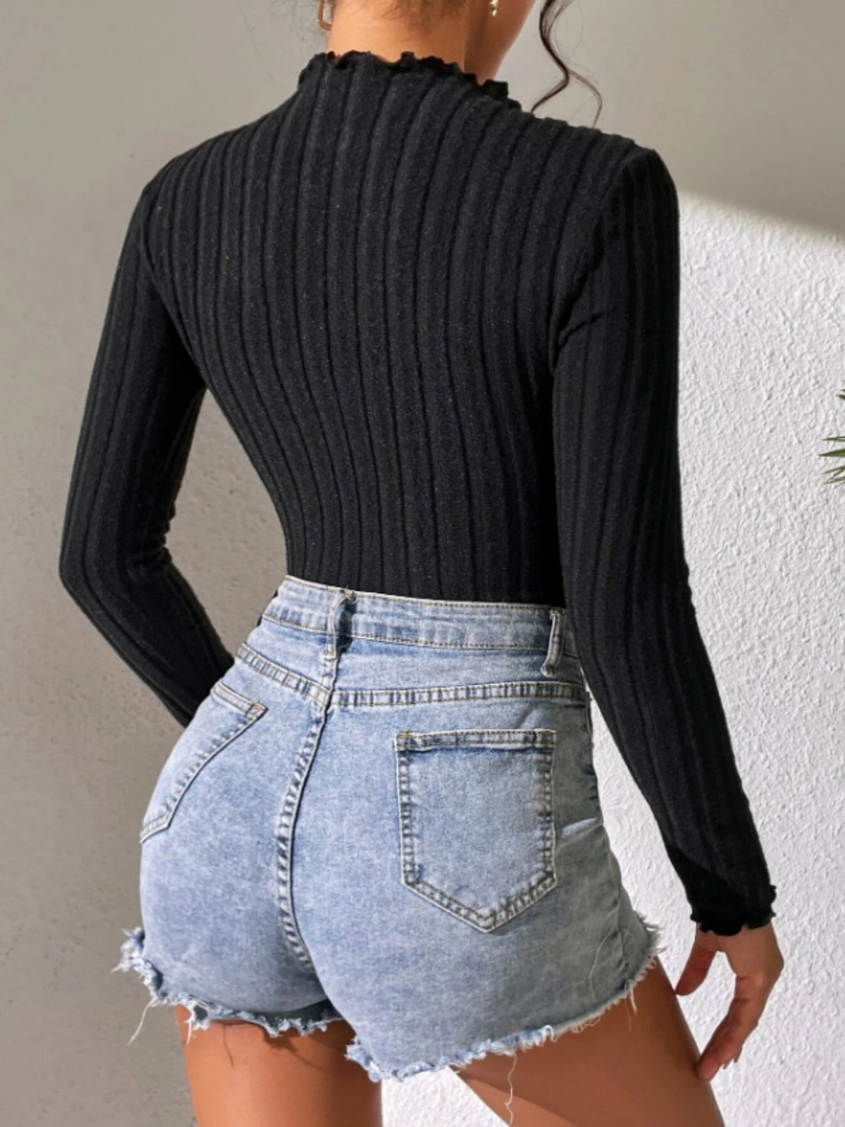 Wavy Stand Collar Brushed Ribbed Long-sleeved Knit Bodysuit Top
