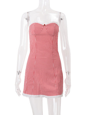 Plaid Lace Trim Camisoles Slim-fit Mini&Short Dresses