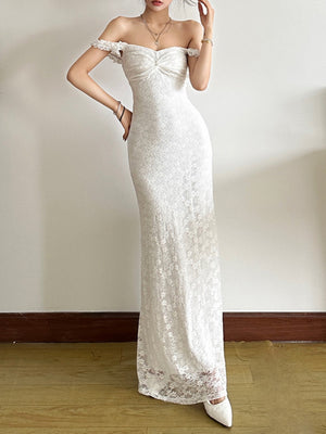 Lace Jacquard Square Neck Suspenders Sweet Pleats Maxi Dresses