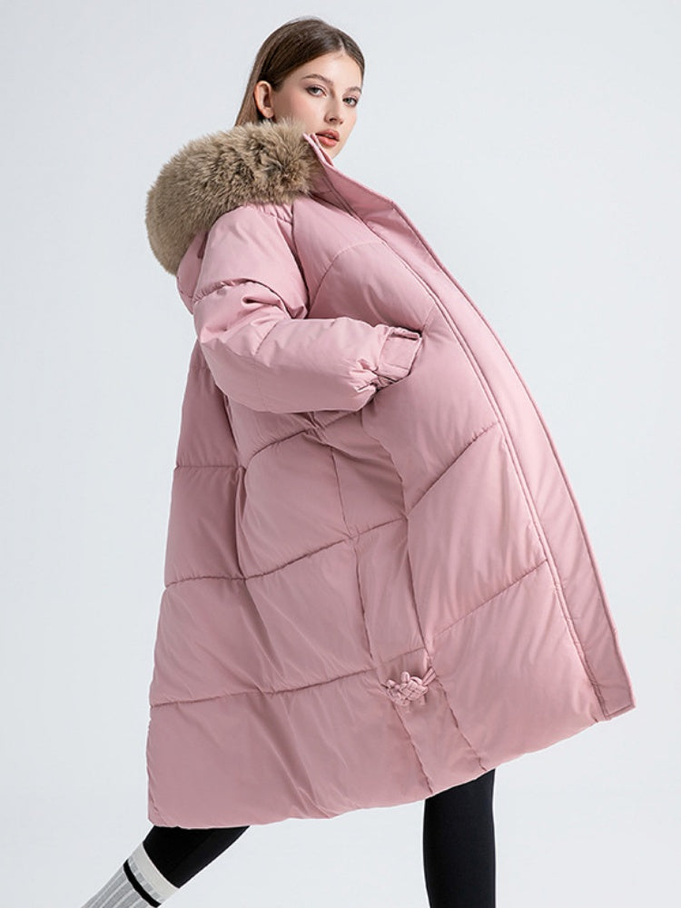 Women's Fur Collar Hooded Down Jacket, Extended Style, Knee-length Thickened Down Jacket，removable Collar
