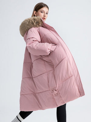 Women's Fur Collar Hooded Down Jacket, Extended Style, Knee-length Thickened Down Jacket，removable Collar