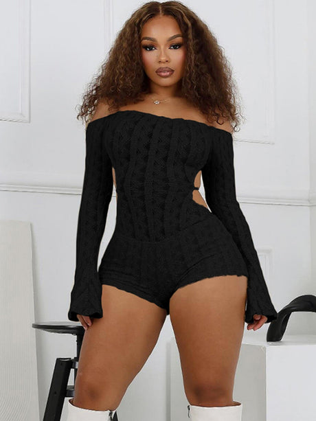 Off-shoulder Long Sleeves High-waisted Slim Fit Bodycon Shorts Jumpsuits&Bodysuits