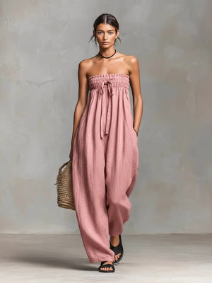 Simple Strapless Jumpsuit Made Of Cotton And Linen Blend