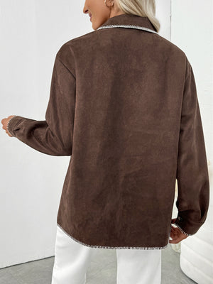 Loose-fitting Faux Suede Coat With Contrasting Trim And Lapel.