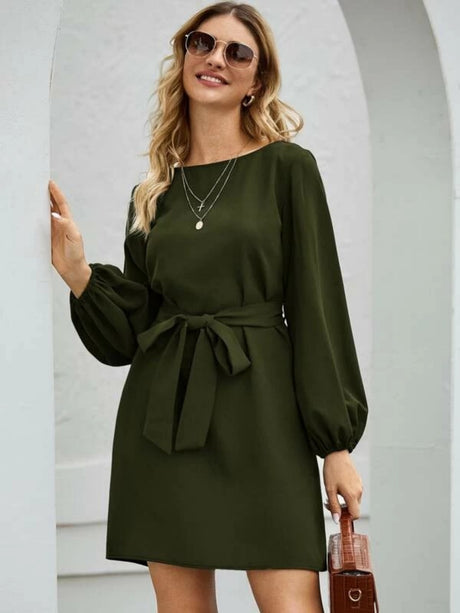 Balloon Sleeve Round Neck Tie High-waisted And Slimming Midi Dresses