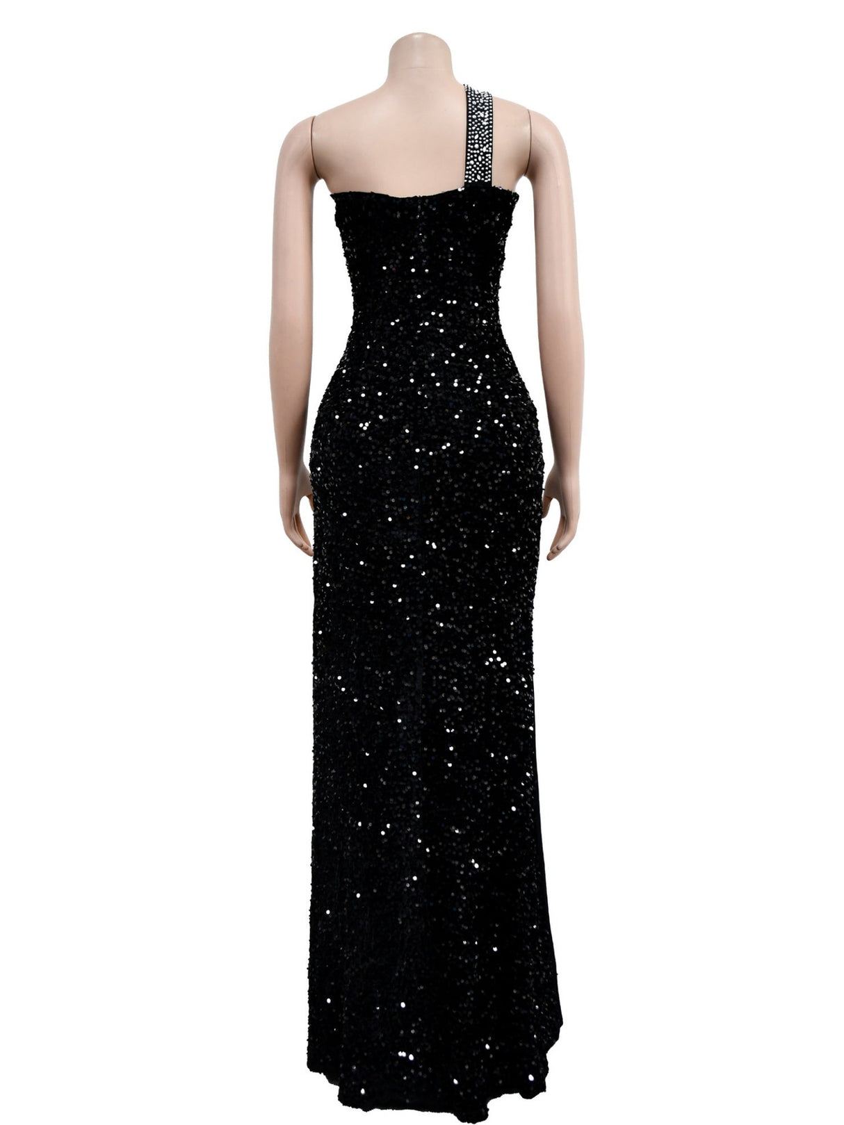 Abendkleid mit Strass- und Paillettenbesatz, hochgeschlitzt, einfarbig, Maxikleid