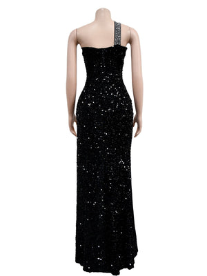 Abendkleid mit Strass- und Paillettenbesatz, hochgeschlitzt, einfarbig, Maxikleid