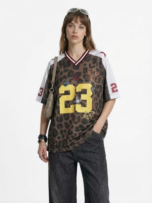 Retro Leopard Print Printed Net Hole Jersey Breathable T-shirts