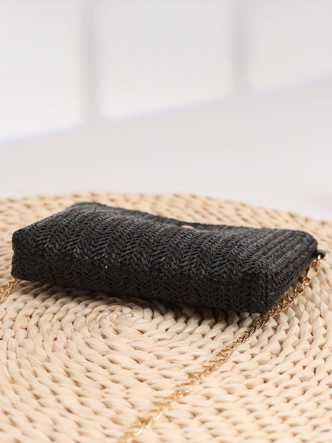 Solid Color Straw Crossbody Bag For Vacation
