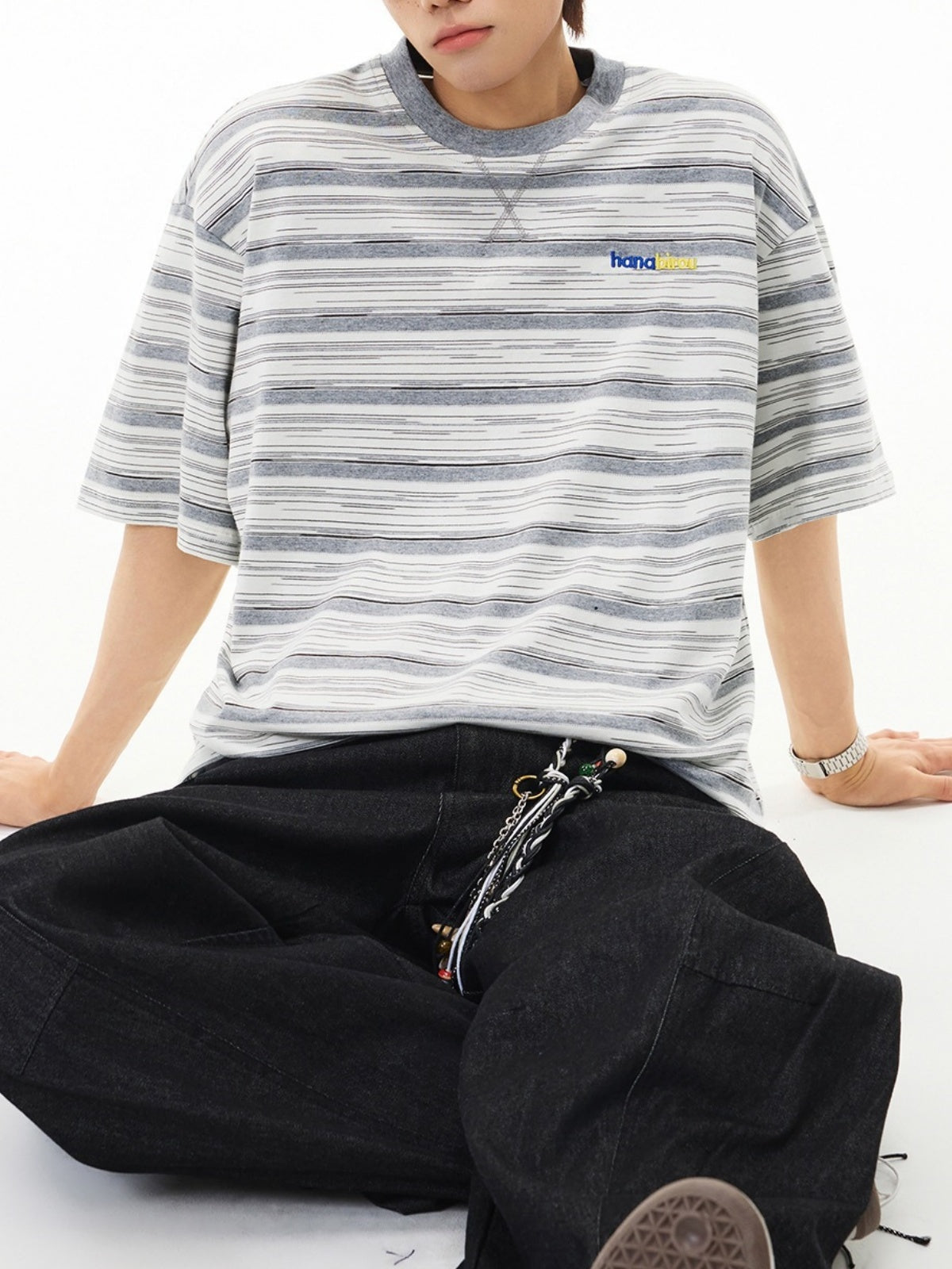 Color-blocked Stripes Letter Applique T-shirts