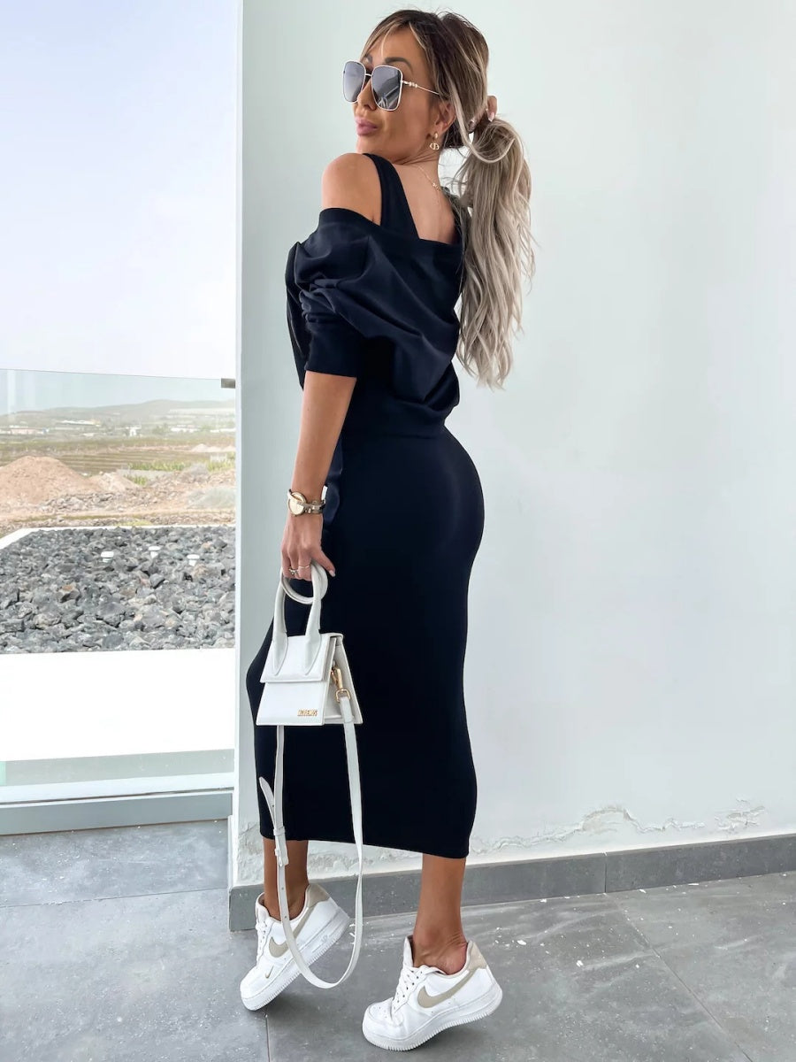 Liber Autumn women's V-neck clothing Pullover solid color long sleeve two piece dress