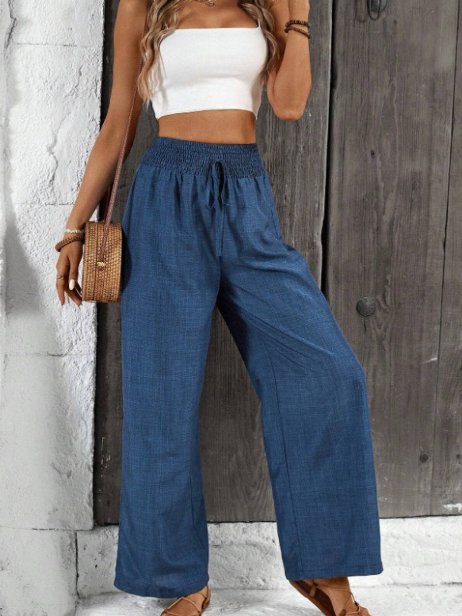 Dark Blue Pleated Waist Loose Wide-leg Straight Trousers
