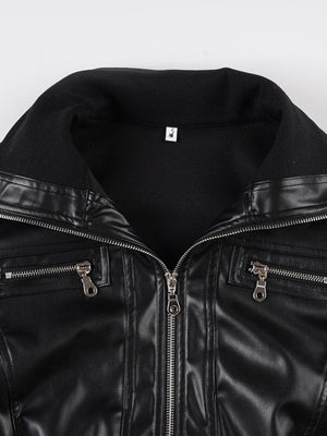 PU Leather Lapel Pocket Patchwork Slim Fit Jackets