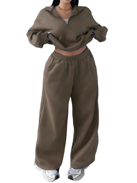 Half-open Pullover Sweatshirt And Trousers Two-piece Set