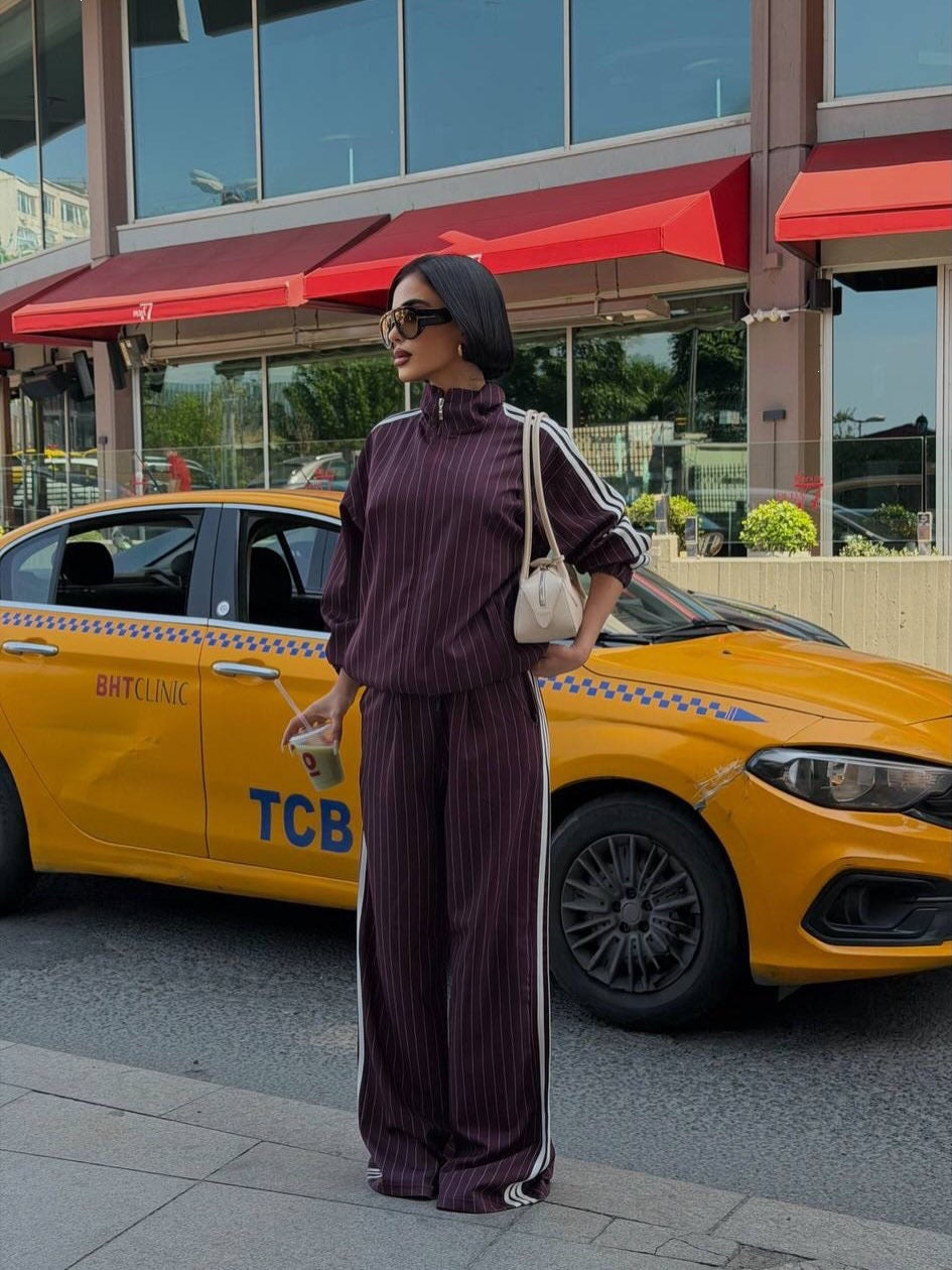 Women's Vertical Striped Three-Stripe Tracksuit Stand-up Collar Zip-up Jacket And High-waisted Wide-leg Trousers Two-piece Set