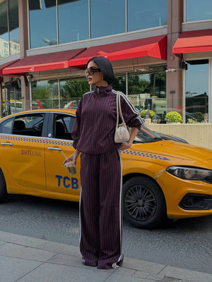 Women's Vertical Striped Three-Stripe Tracksuit Stand-up Collar Zip-up Jacket And High-waisted Wide-leg Trousers Two-piece Set