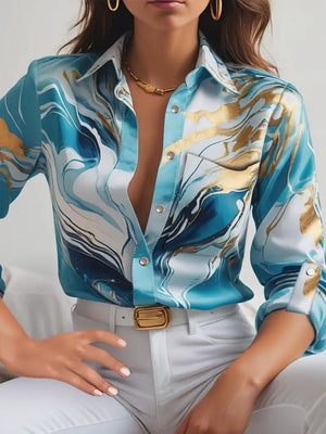 Printed Single-breasted Slim-fit Satin Casual Shirts
