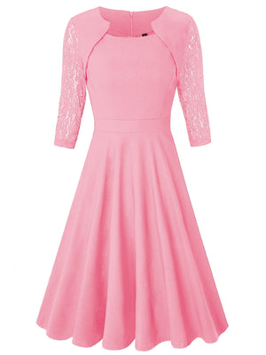 Christmas Square Collar Full Skirt Retro Floral Lace Midi Dresses