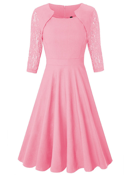 Christmas Square Collar Full Skirt Retro Floral Lace Midi Dresses