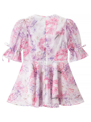 Floral Print Chiffon Puff Sleeve V-neck Mini&Short Dresses