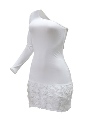 Einseitig bedrucktes, langärmeliges Abendkleid mit Paspelierung, 3D-Blumen, Hüftwickel, Mini- und Kurzkleider