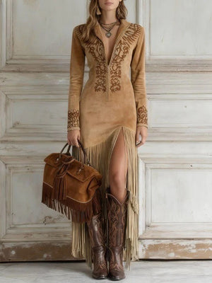 Slim-fit Embroidered Tassel Long Dress