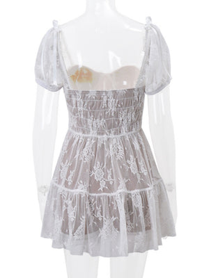 Floral Mesh Square Neck, Fitted Waist, Puff Sleeves Sweet Mini&Short Dresses