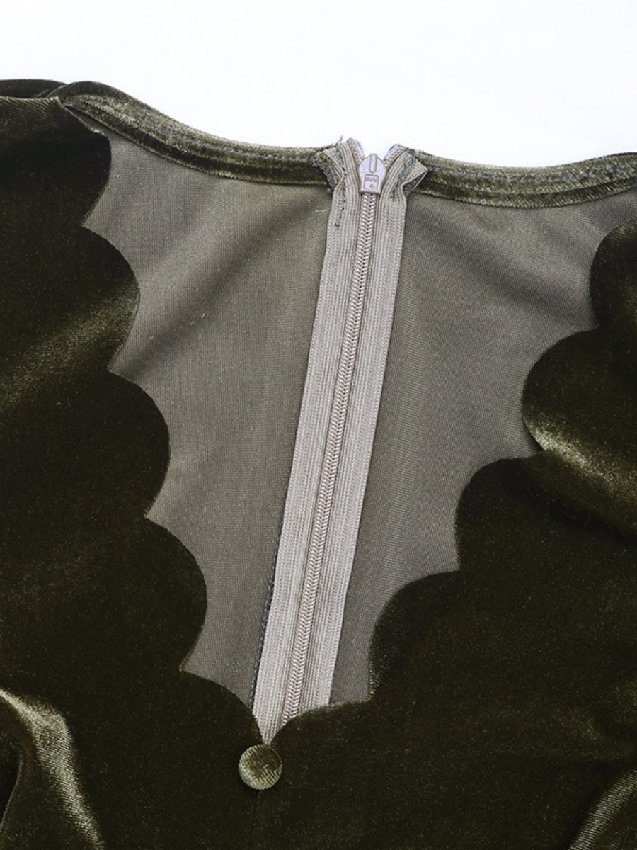 Long-sleeved V-neck Velvet Lace Collar Button Front Slit Formal Evening Midi Dress