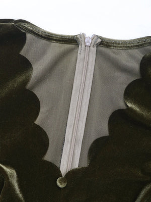 Long-sleeved V-neck Velvet Lace Collar Button Front Slit Formal Evening Midi Dress