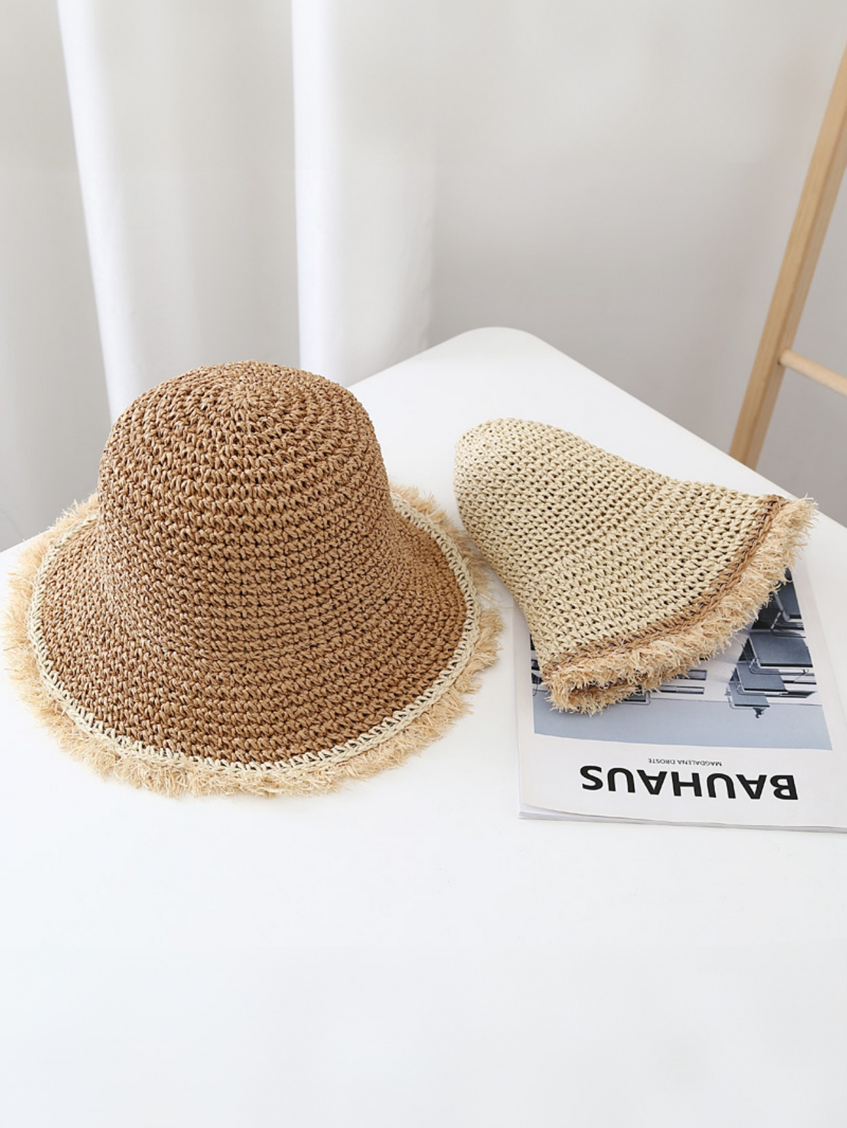 Wide-brimmed, Frayed Woven Straw Hat