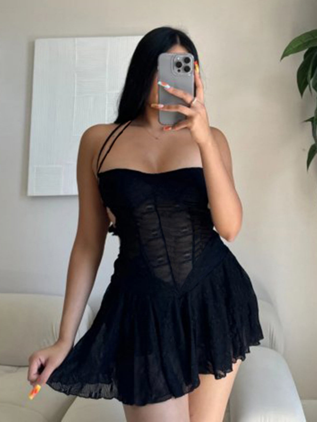 Mesh Splicing Perspective Halter Neck And Backless Pleated Mini&Short Dresses